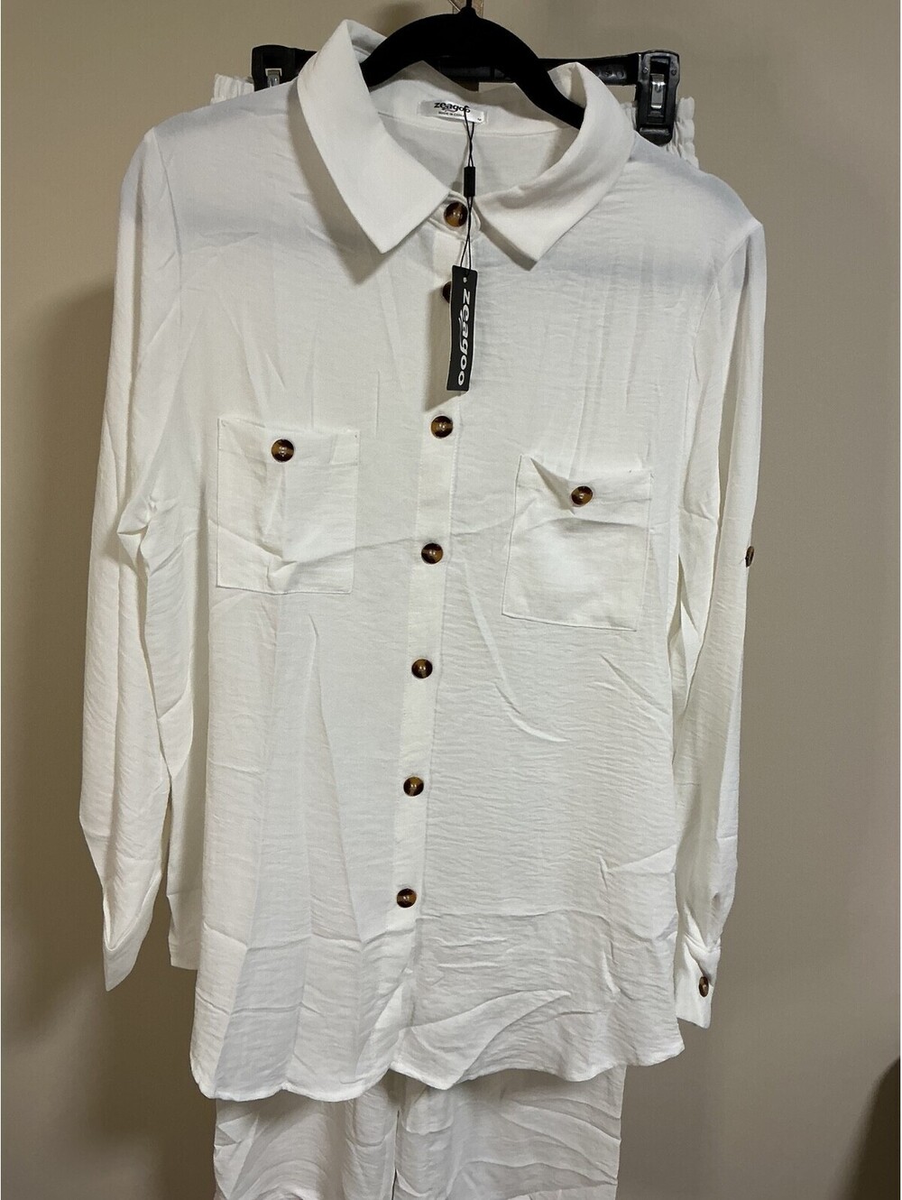 Zeagoo Women’s Size Medium Off White 2-Piece Tunic Pants Set Casual Outfit #192